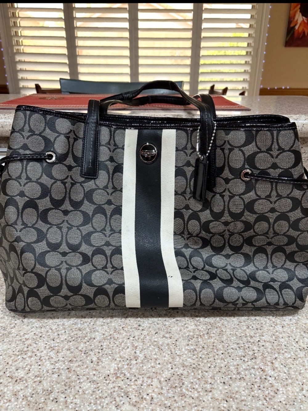 Vintage Coach Gray Signature Canvas Tote with Black & White Racing Stripe